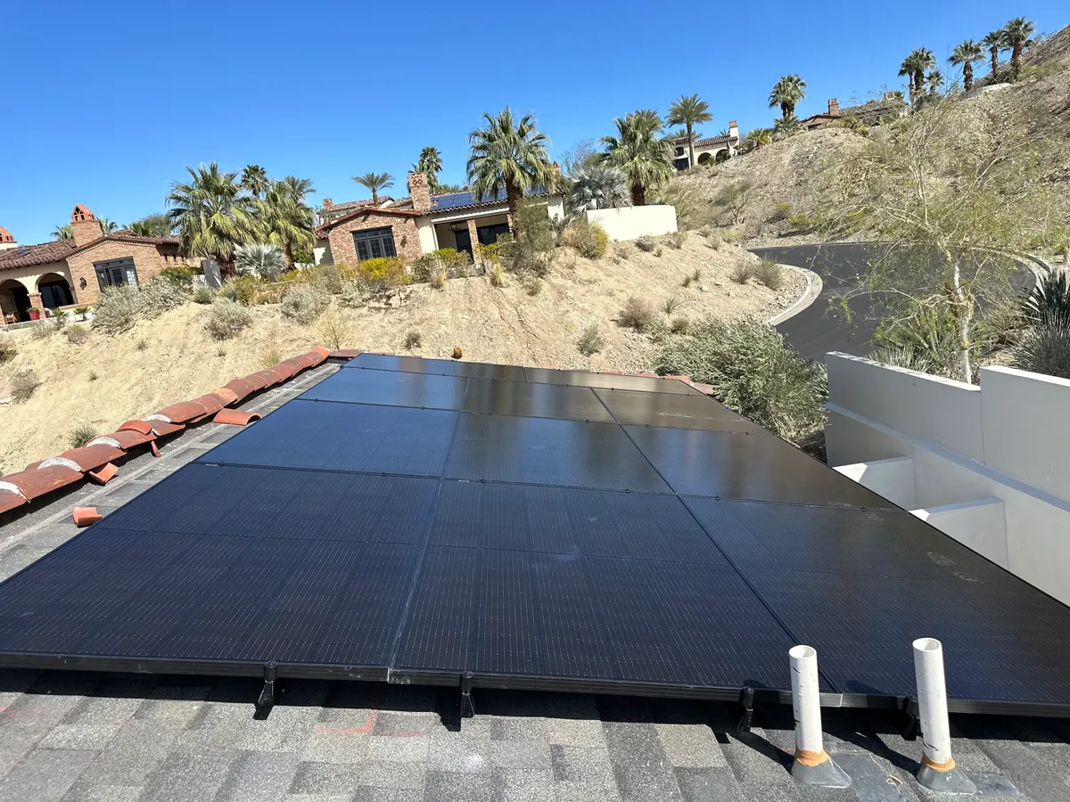 Residential solar panel installation on desert home in Southern California